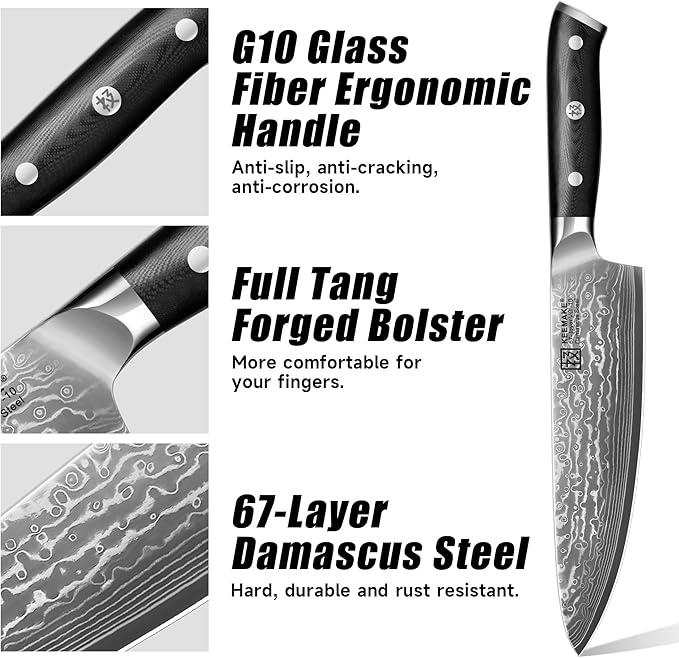 KEEMAKE Damascus Kitchen Knife Set, 2PCS Ultra Sharp 67-Layer Damascus Steel Chef Knife with G10 Non-Slip Handle, Elegant Box for Men Husband