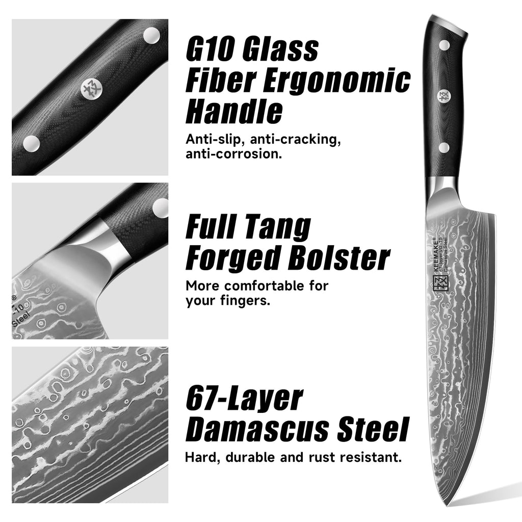 KEEMAKE Damascus Kitchen Knife Set, 2PCS Ultra Sharp 67-Layer Damascus Steel Chef Knife with G10 Non-Slip Handle, Elegant Box for Men Husband
