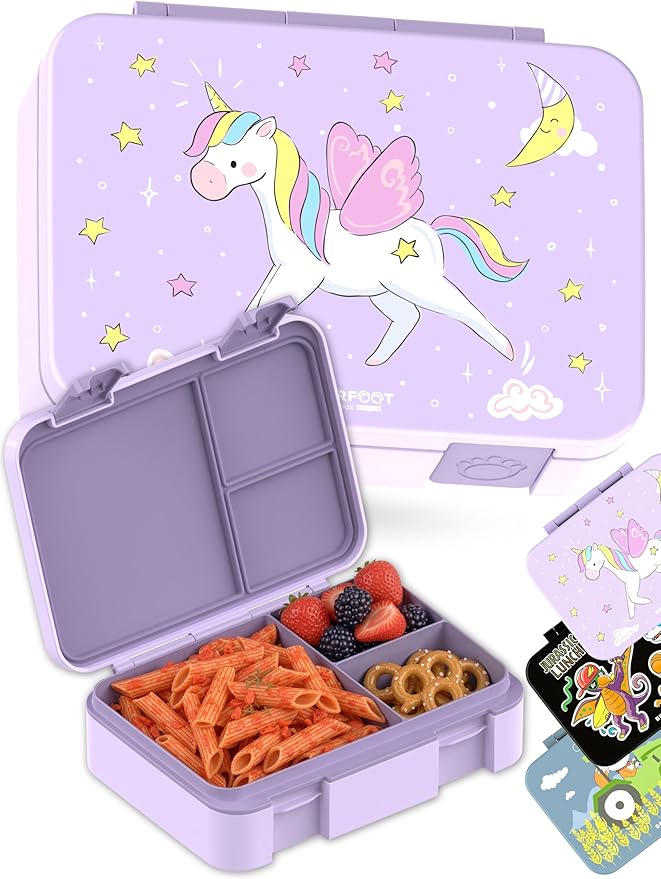 BEARFOOT Kids Lunch Box with Compartments – Compact & Lightweight | Leak-Proof, BPA-Free, Dishwasher Safe | Hand-Drawn Design for Preschool, School, Travel (Unicorn Purple, 4 Cups)