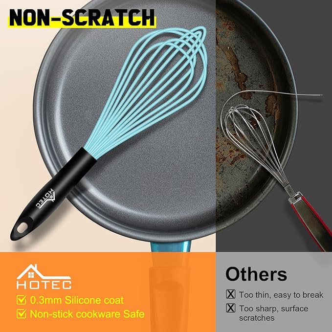 HOTEC 4 Pieces Silicone Whisks Set, Wire Balloon Whisks for cooking Egg Beater, Non-slip Handle Whisk for Non-stick Cookware Perfect for Cooking, Stirring, Beating and Blending,Blue