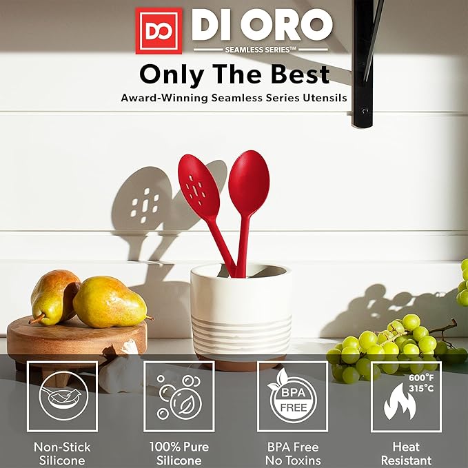 DI ORO Silicone Cooking Spoons - Solid & Slotted Set, 2-Pc Red