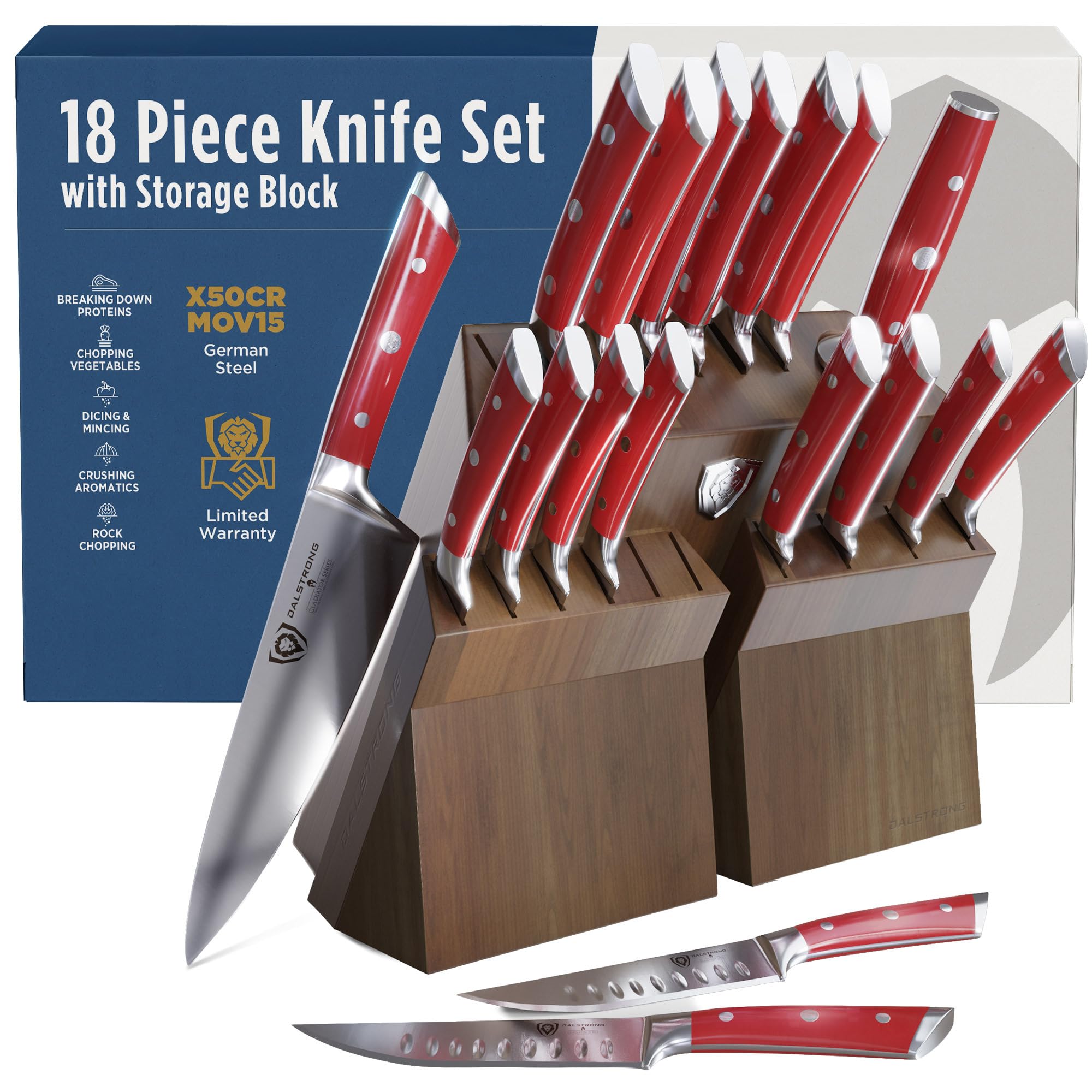 Dalstrong 18-Piece Gladiator Colossal Knife Block Set (Red Handles) — German High-Carbon Steel, Full-Tang, Hand-Sharpened — For Home Chefs, Wedding Registries & Serious Kitchens — Acacia Block, NSF