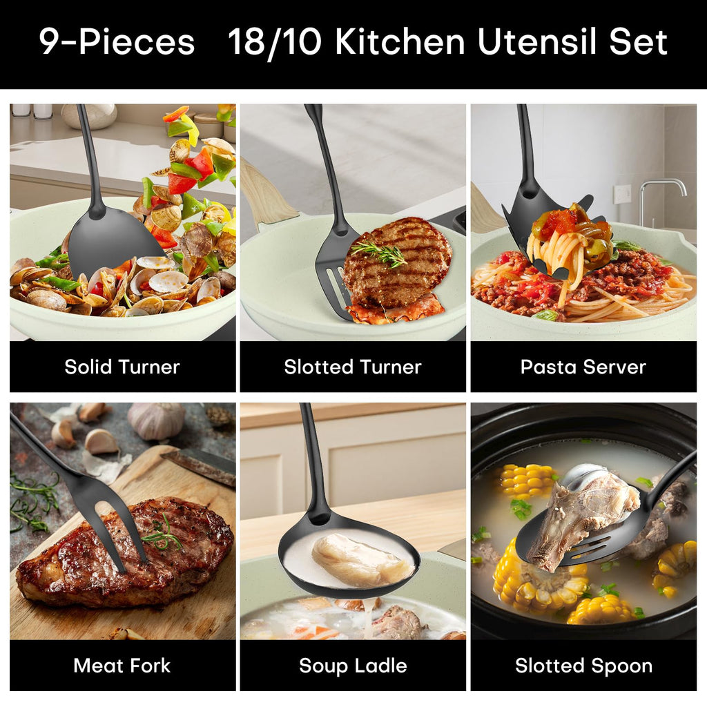 Lazycorner Kitchen Utensil Set 9-Piece Stainless Steel 304 Polished Mirror Finish Cooking Spoons, Slotted Spoon, Turner, Spatula, Pasta Spoon– Dishwasher Safe, Rust-Resistant