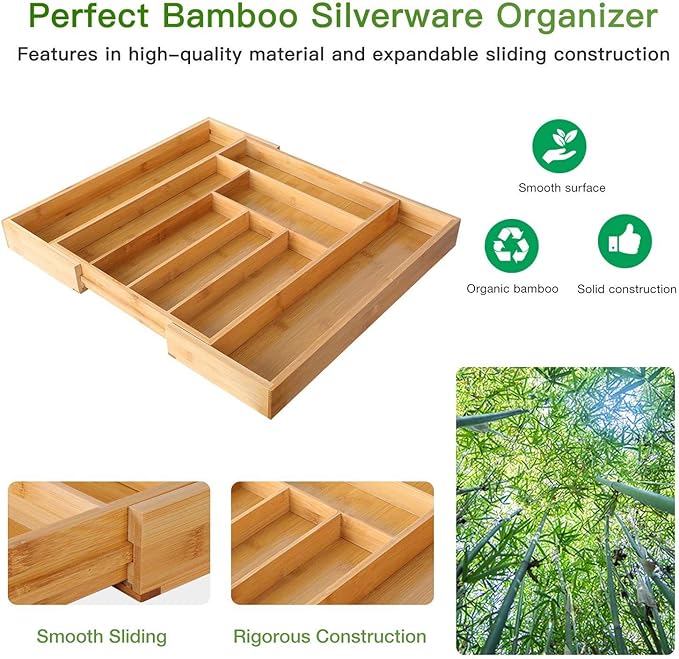 Pipishell Bamboo Expandable Silverware Drawer Organizer, Adjustable Kitchen Utensil Tray for Forks, Spoons and Knives, Wood Storage Cutlery Holder for Bedroom and Living Room