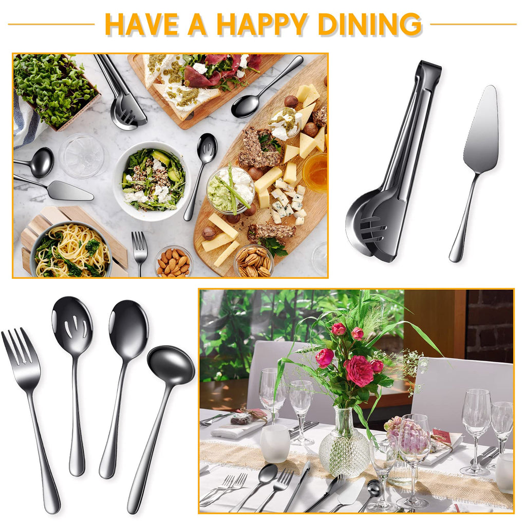 Patelai Serving Utensils Set Include Stainless Steel Large Spoons Slotted Spoons Forks Tongs Soup Ladle and Pie Server for Parties Buffet Catering, Dishwasher Safe(Black,10 Pieces)
