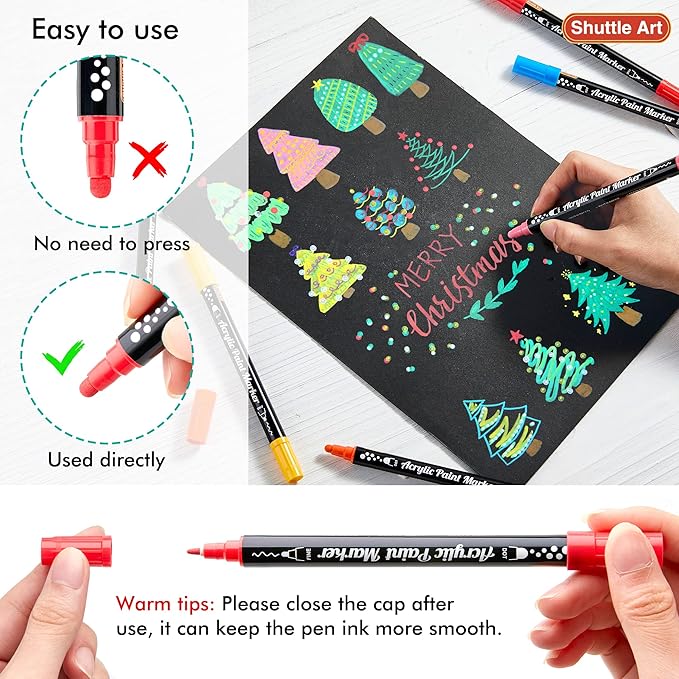 Shuttle Art 36 Colors Dual Tip Acrylic Paint Markers, Dot Tip and Fine Tip Acrylic Paint Pens for Rock, Ceramic, Wood, Canvas, Plastic, Glass, Stone, Calligraphy, Card Making, DIY Football Crafts