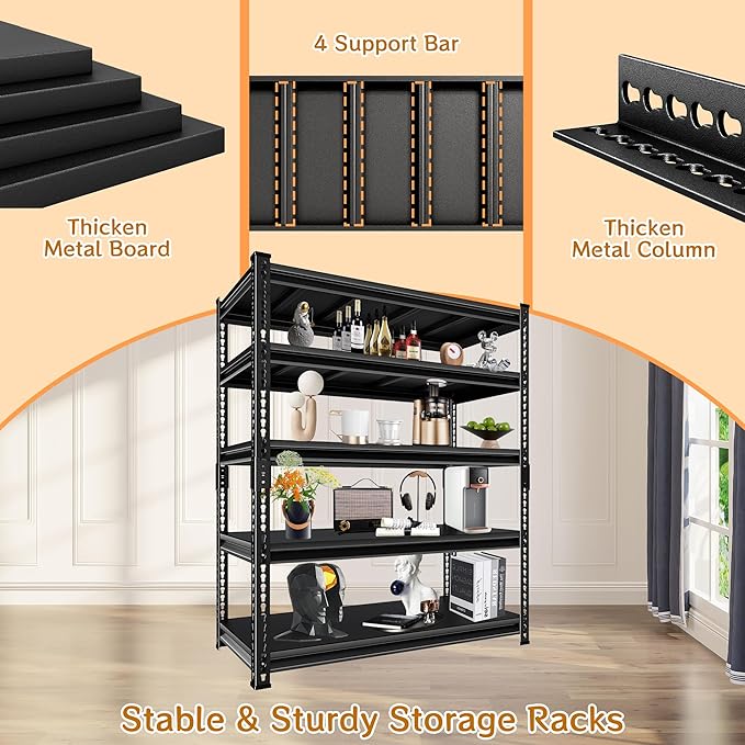 SUPPNEED Metal Storage Garage Shelving: 48'' Wide 2,500Lbs Freestanding Utility Shelves, Adjustable Heavy Duty Rack Units 5 Tier Black 48" W x 18" D x 78" H