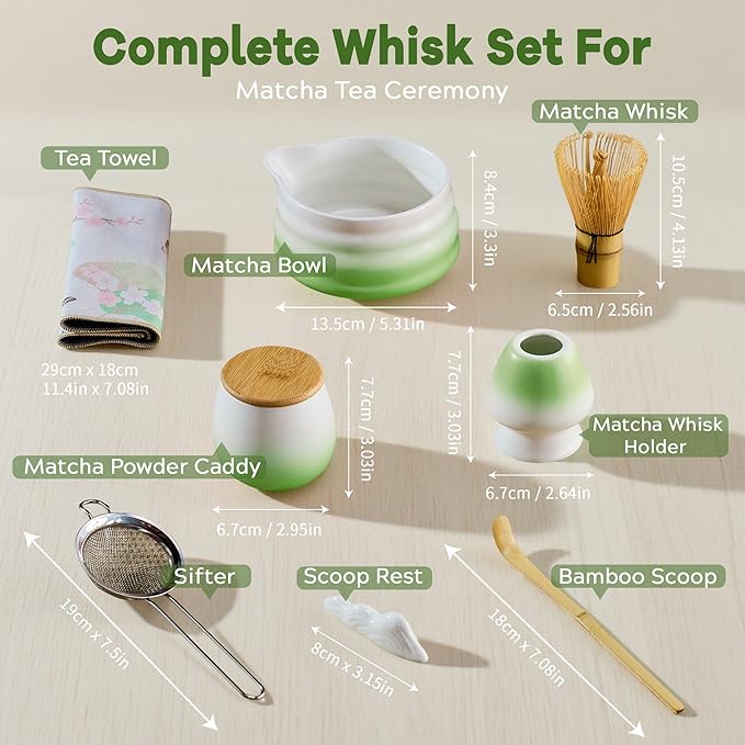Matcha Whisk Set with Tea Caddy, Green 8 Pcs Matcha Kit Includes Bowl with Spout, Whisk & Holder, Ceramic Tea Caddy, Bamboo Scoop & Rest, Sifter, Tea Towel, Gift for Tea Lovers