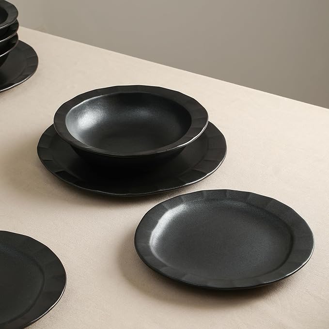 Stone Lain Oasis Stoneware Plate Dish Set, 4-Piece Dinner Plates - Ceramic Serving Dishes for 4 People - Microwave & Dishwasher Safe, Black