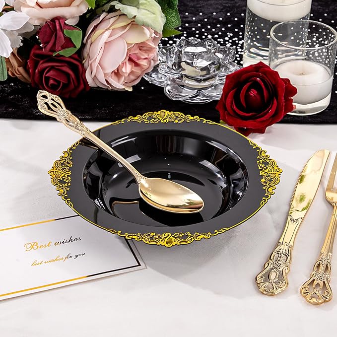Joyido 100PCS Black Plastic Bowls - 12 oz Black Gold Disposable Salad Bowls - Heavy Duty Soup Serving Bowl - Fancy Plastic Candy Bowl for Weddings, Parties, Dinners, Catering, Picnics
