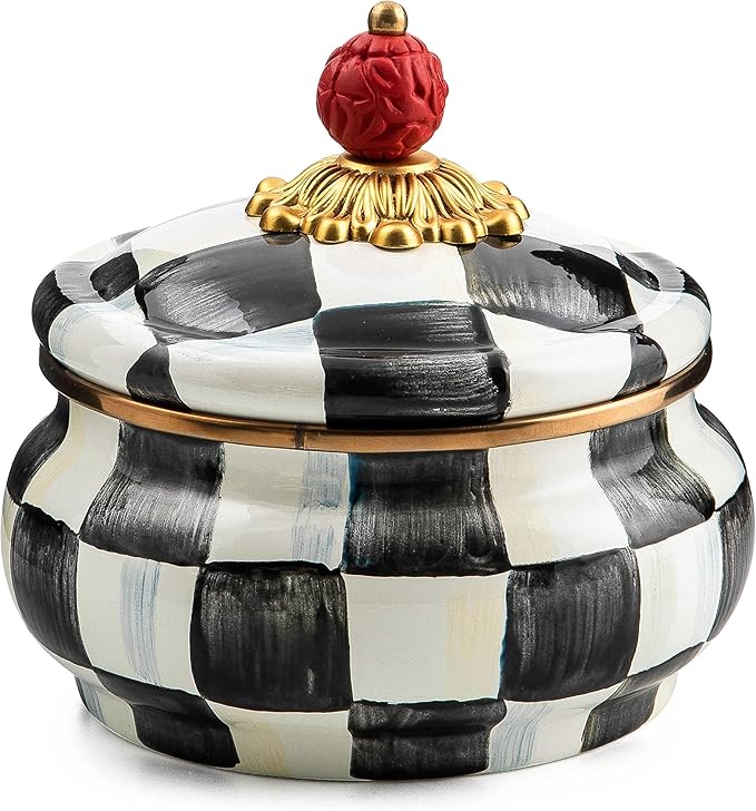MACKENZIE-CHILDS Enamel Squashed Pot, Black-and-White Courtly Check
