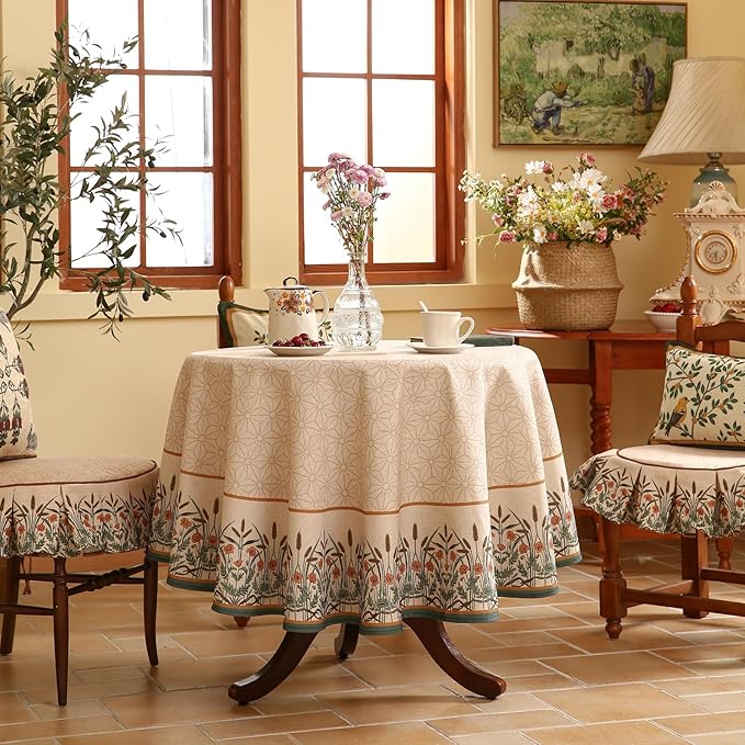 patdrea Vintage French Linen Tablecloth,Round,Diameter 55"-Cudillero