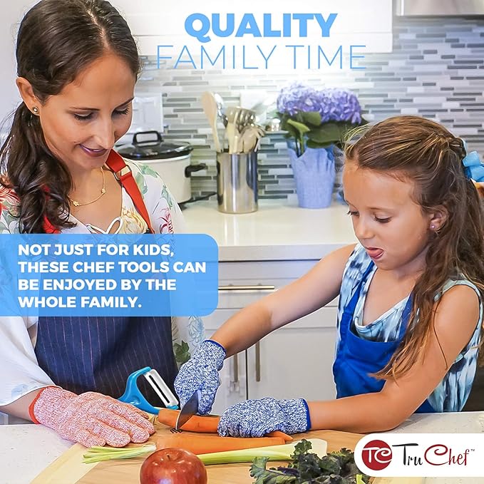 TruChef 5-Piece Kids Knife Set | Real Stainless Steel Cooking Knives with Peeler, Serrated Blade & Storage Stand | Safe, Easy-Grip Design – Fun Junior Chef Set for Boys & Girls (5 pcs, Blue)