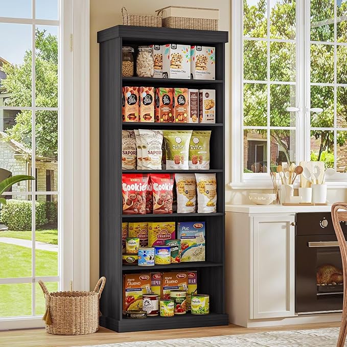 ivaniti 70.8" Tall Farmhouse Bookshelf with Glass Doors, Modular Bookcase with 6-Tier Adjustable Shelves, Large Storage Cabinet for Kitchen, Living Room, Black, Set of 2