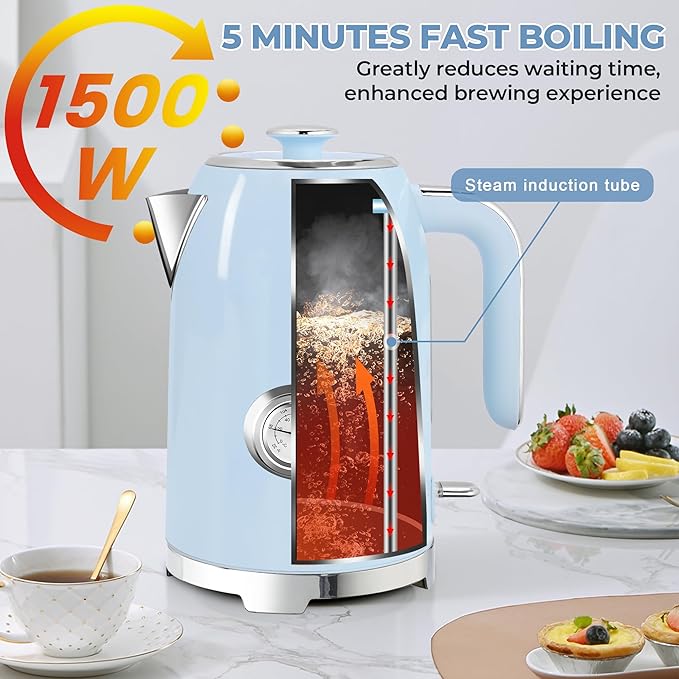 SUSTEAS 57oz Electric Kettle with Thermometer, Hot Water Pot, Blue