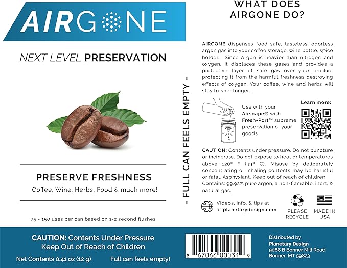Airgone Argon Gas Flush for Wine, Coffee and Food Preservation | FreshPort
