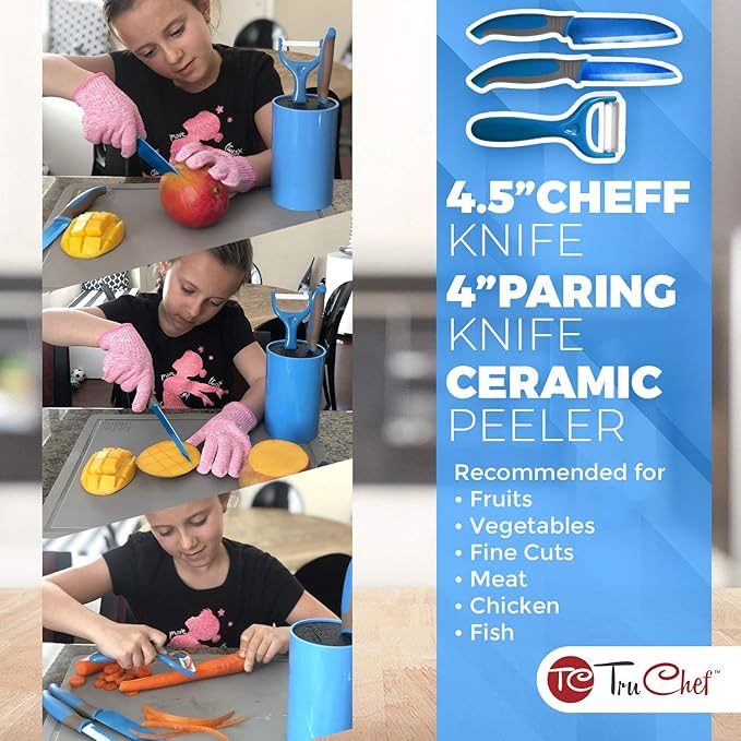 TruChef 5-Piece Kids Knife Set | Real Stainless Steel Cooking Knives with Peeler, Serrated Blade & Storage Stand | Safe, Easy-Grip Design – Fun Junior Chef Set for Boys & Girls (5 pcs, Blue)