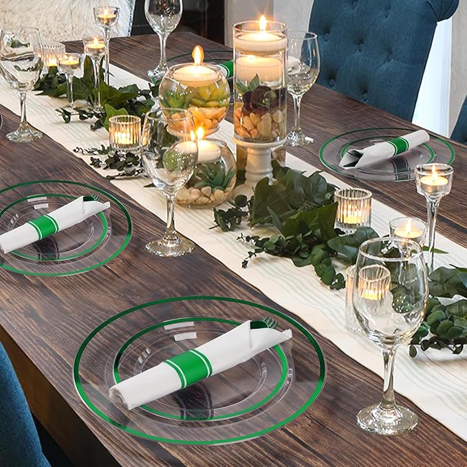 Goodluck 350 Pcs Clear Green Disposable Plastic Dinnerware Sets for 50