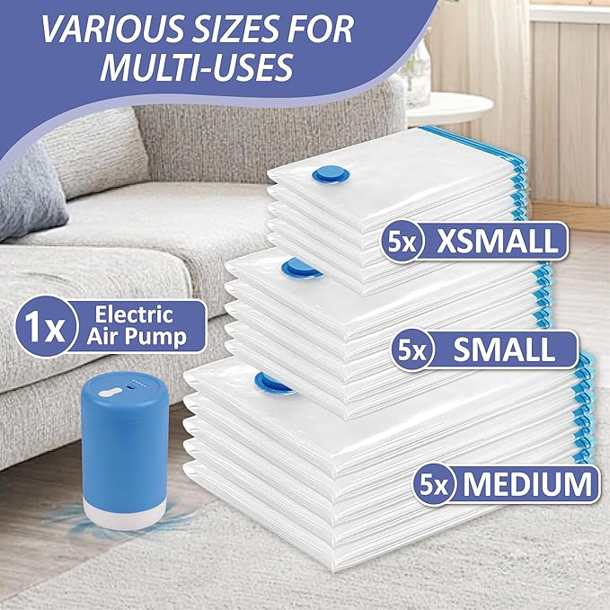 Cozy Essential Travel Vacuum Storage Bags with Rechargeable Cordless USB Pump, Space Saver Bags for Luggage, Suitcase, Carry-On, for Clothes, Blankets, Bedding & Seasonal Storage,15 Combo