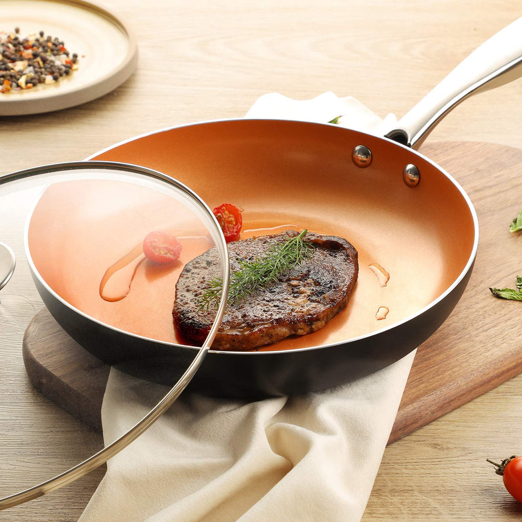 MICHELANGELO 10 Inch Copper Nonstick Frying Pan with Lid, Scratch Resistant Ceramic Coating, Oven and Dishwasher Safe
