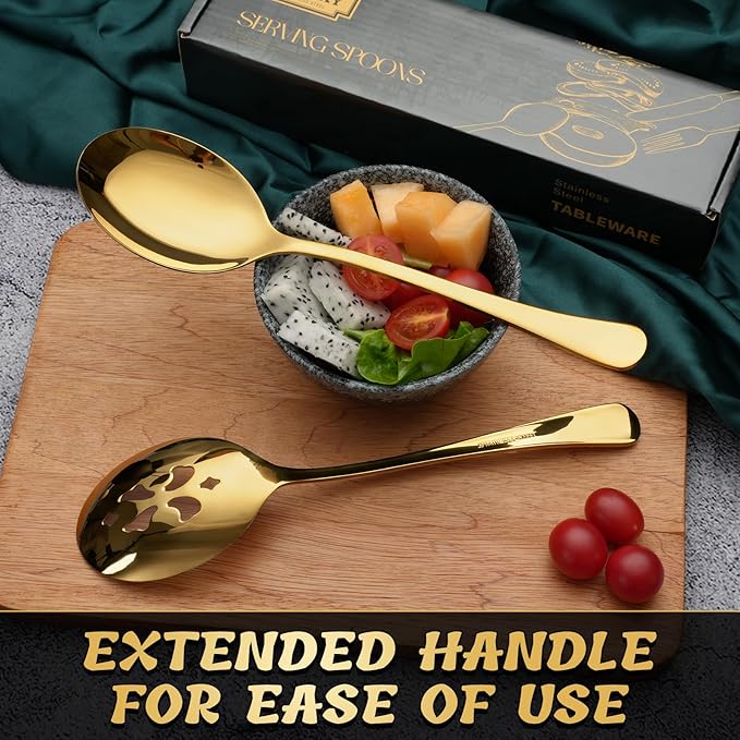 Keyoxy 8 Piece Stainless Steel Serving Spoon Set - 4 Large, 4 Slotted,Dishwasher Safe,10-Inch,Gold, for Parties/Kitchen/Buffet/Catering