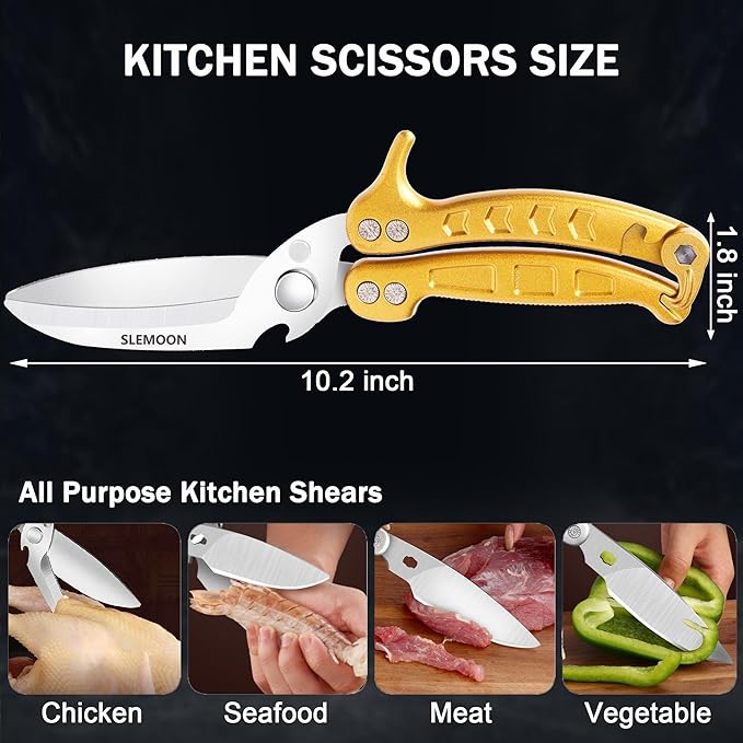 SLEMOON Heavy Duty Kitchen Shears,Poultry Shears with Safety Lock,Gold