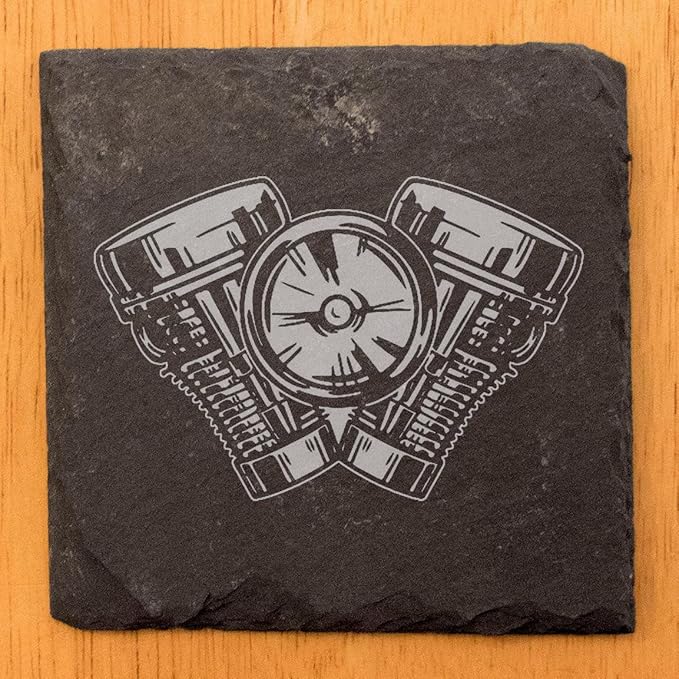 Engraved V-Twin Engine Slate Coasters Set of 4 – Square – USA Made