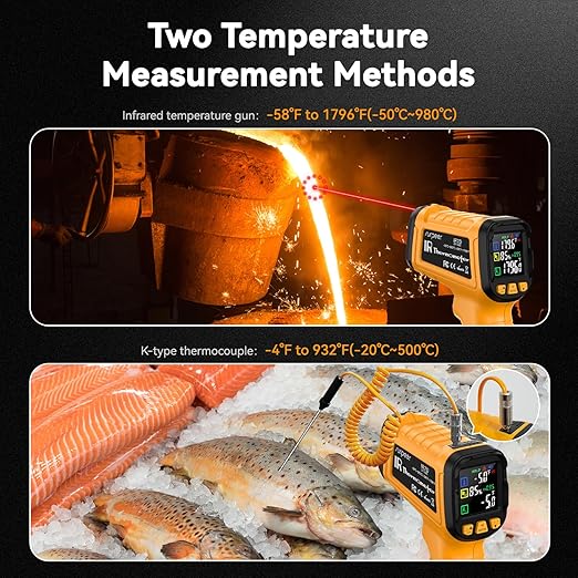 Surpeer 50:1 Infrared Thermometer IR Laser Gun, -58°F to 1796°F, Digital Temperature Gun/K-Type Probe -4°F to 932°F & Humidity Sensor for Cooking, Pizza Oven BBQ HVAC Home-Industrial Use