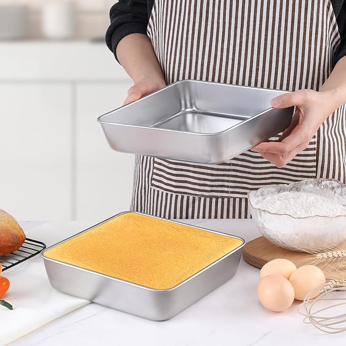 LIANYU 3 Pack 8 x 8 Inch Square Baking Cake Pan, Stainless Steel Cake Molds