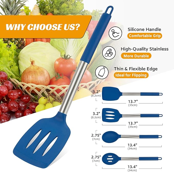 YASUEBI Kitchen Utensils Silicone Cooking Utensils Set for Nonstick Cookware Silicone Cooking Kitchen Utensils Set Perfect for Baking and Mixing Spatula Set BPA Free Dishwasher Safe Blue 4 Pack