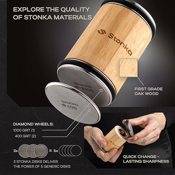 Stonka Oak Rolling Knife Sharpener Kit – Natural Wood, Diamond Wheels, Magnetic Angle Guide 15° & 20°, Leather Strop – Giftable Packaging