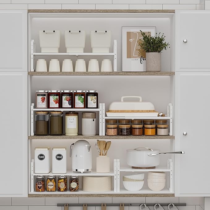 Jojocross Expandable Shelf for Cabinet Organizer Adjustable Stackable Spice Rack at Kitchen and Bathroom More, Counter Countertop Cupboard Organization Pantry Storage(MEDIUM/2PACKS/WHITE)