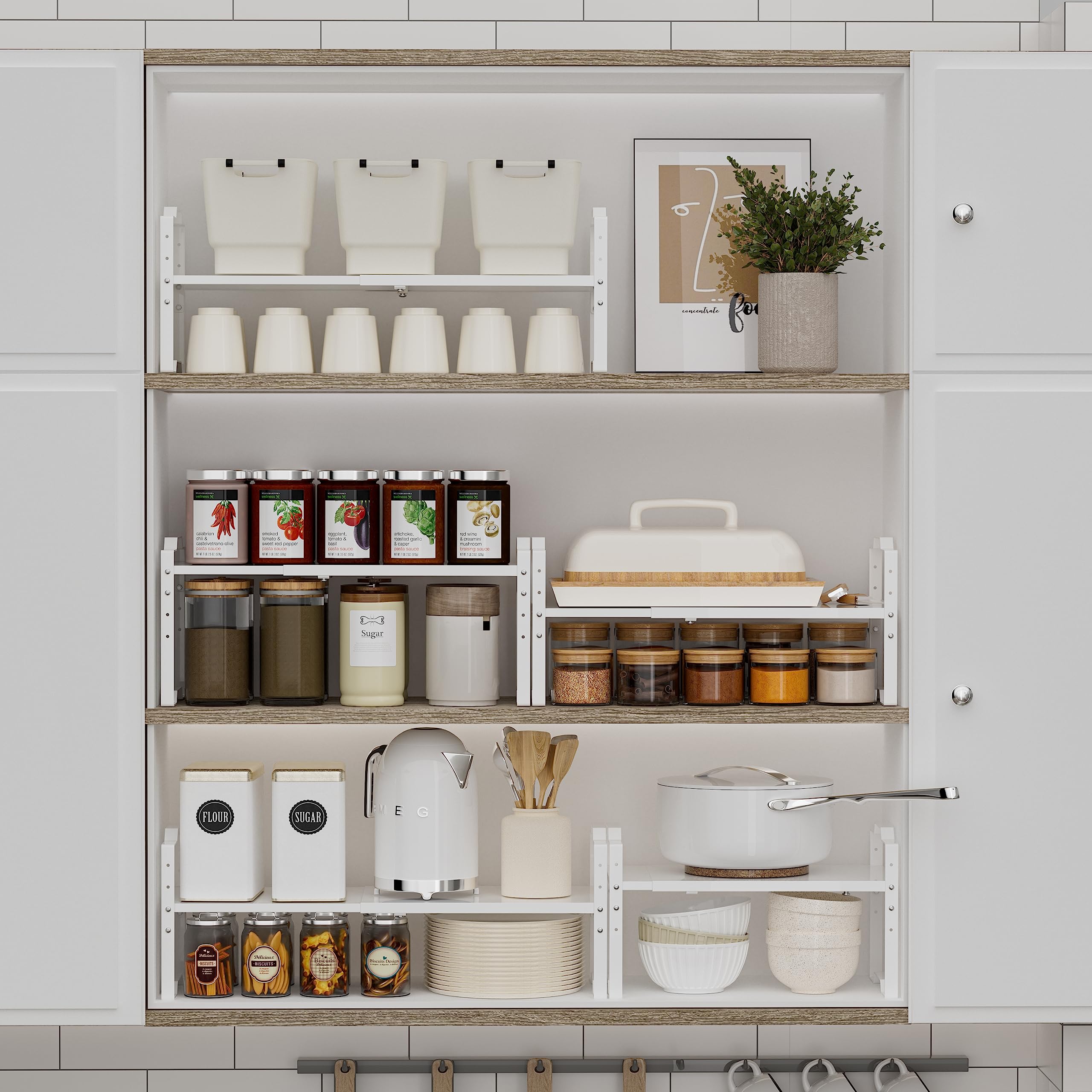 Jojocross Expandable Shelf for Cabinet Organizer Adjustable Stackable Spice Rack at Kitchen and Bathroom more, Counter Countertop Cupboard Organization Pantry Storage(LARGE/3PACKS/WHITE)