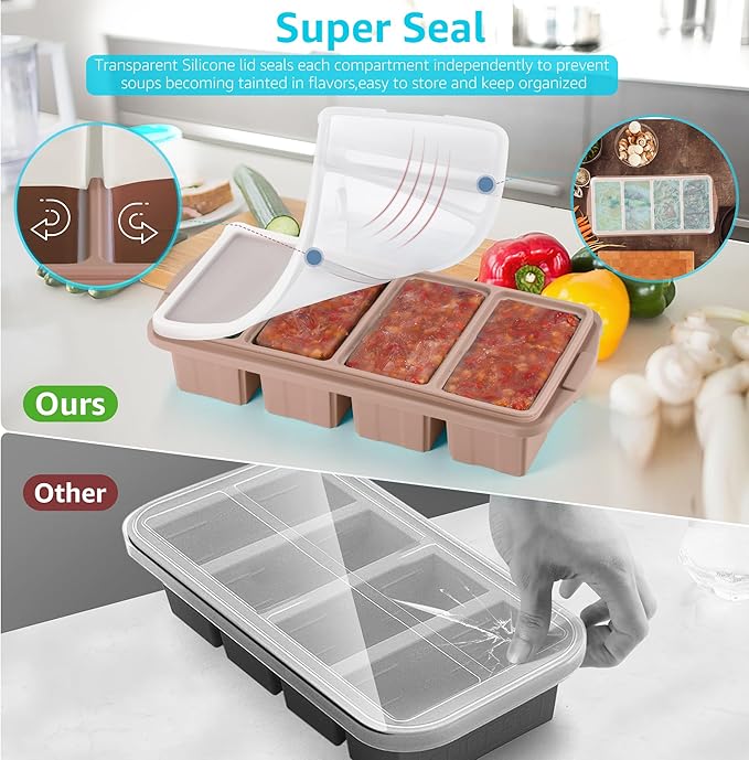 Ztomine Silicone Freezer Tray With Lid - Silicone Freezer Food Molds- Large Ice Cube Tray,Silicone Freezer Container,Freeze & Store Soup, Sauce, Broth,Leftovers - Makes 4 Perfect 1 Cup