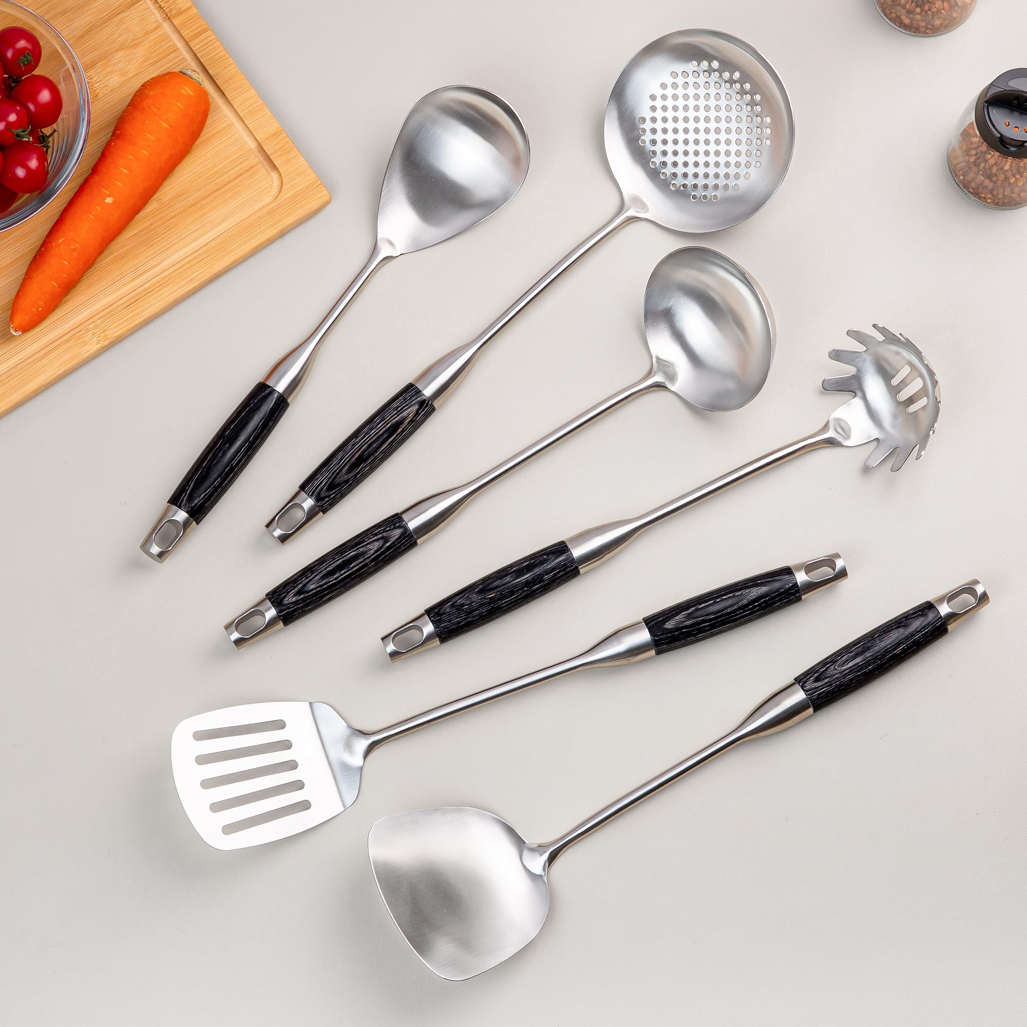 FJNATINH Stainless Steel Kitchen Utensils, Set of 6 Cooking Tools with Wooden Handle, Wok Spatula, Soup Ladle, Skimmer Spoon, Slotted Spatula Turner, Spaghetti Server, Solid Spoon