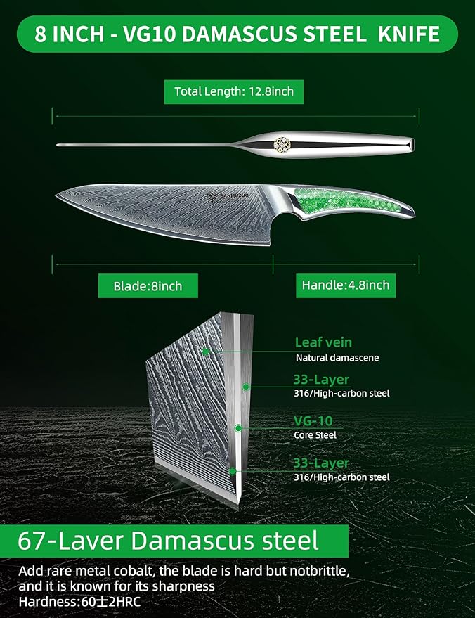 SANMUZUO 8 inch Chef Knife, Japanese VG-10 Damascus Steel Kitchen Knife, Ultra Sharp Cooking Knife with Full-tang Handle in Green Resin, LA-S9 Series