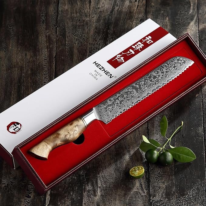 HEZHEN 8.3-Inch Bread Knife – 67 Layers Damascus Steel, Professional Serrated Slicer for Sourdough & Artisan Bread, Figured Sycamore Handle