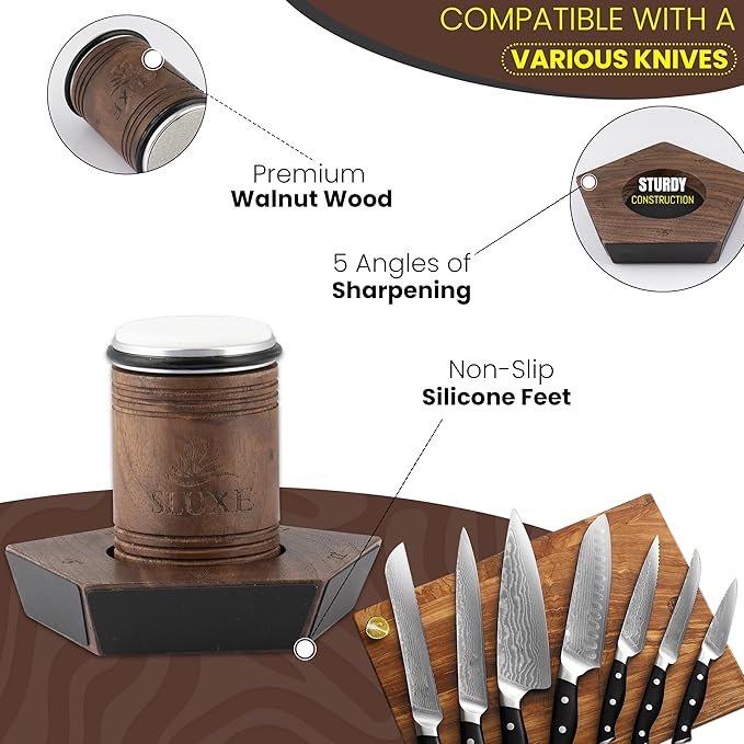 SLUXE Rolling Knife Sharpener Kit – Premium Walnut Wood – 5 Magnetic Angles (12, 15, 17, 19 & 22 Degrees) – Diamond and Ceramic Discs – Durable Knife Sharpening System for Kitchen & Chef's Knives