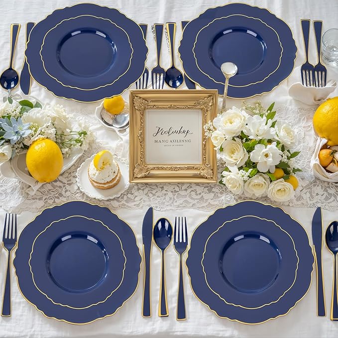 WDF 180PCS Blue Plastic Silverware -Blue and Gold Plastic Cutlery 60 Forks, 60 Knives, 60 Spoons - Heavy Duty Disposable Silverware for Party/Wedding/Birthday