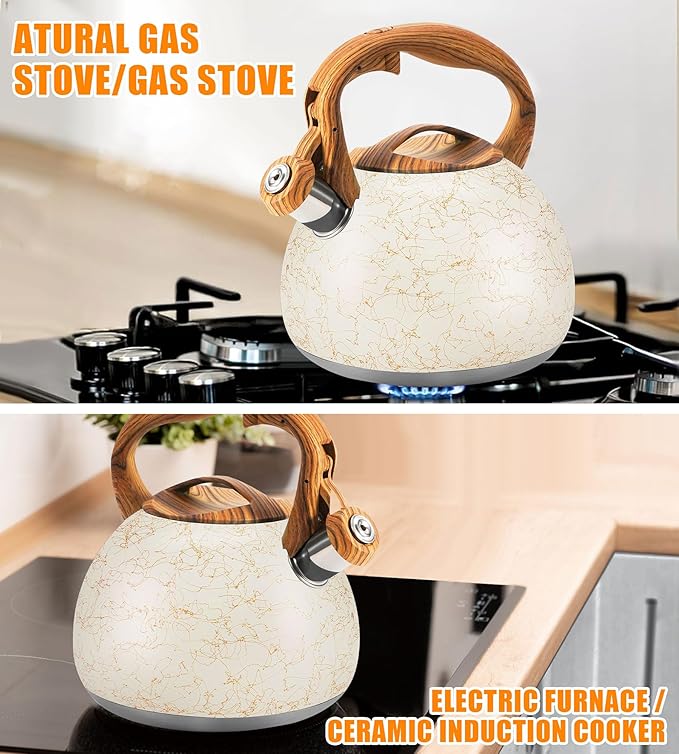 Foedo 3.2Qt Stainless Steel Whistling Tea Kettle Stovetop, Off-white