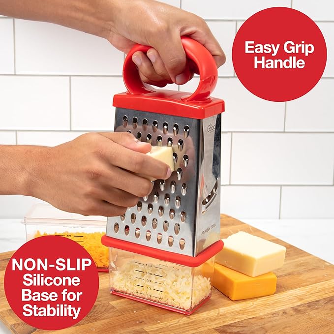Stainless Steel 4 Sided Box Grater with 2 Storage Containers and Lids, Mess Free Cheese Shredder, Slicer and Vegetable Grater, Slip Resistant, Dishwasher Safe Kitchen Tool
