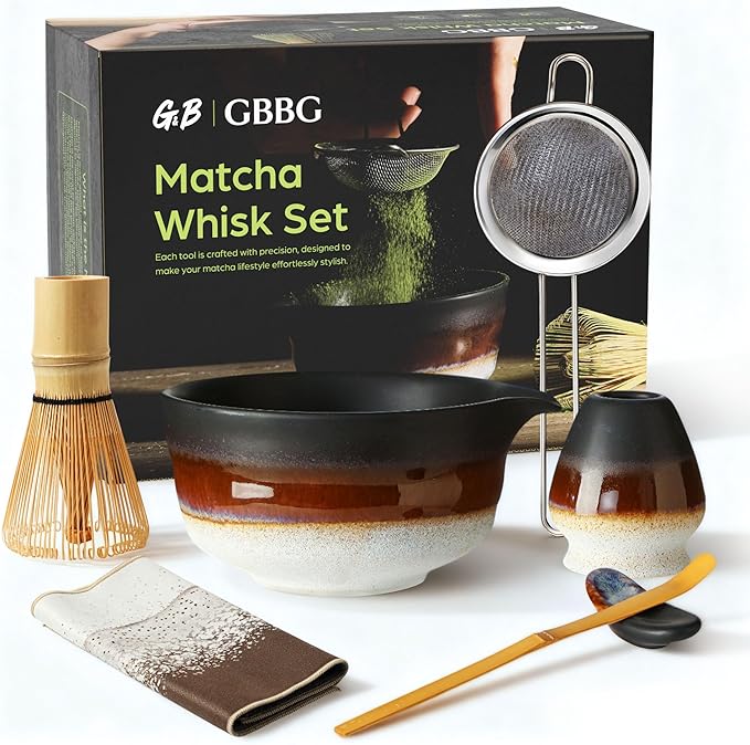 GBBG Matcha Whisk Set, Ceramic Matcha Kit Desert Style, Matcha Whisk and Bowl, Bamboo Scoop and Rest, Sifter and Tea Towel, 7 Pcs Gifts for Matcha Lover - Matte Black