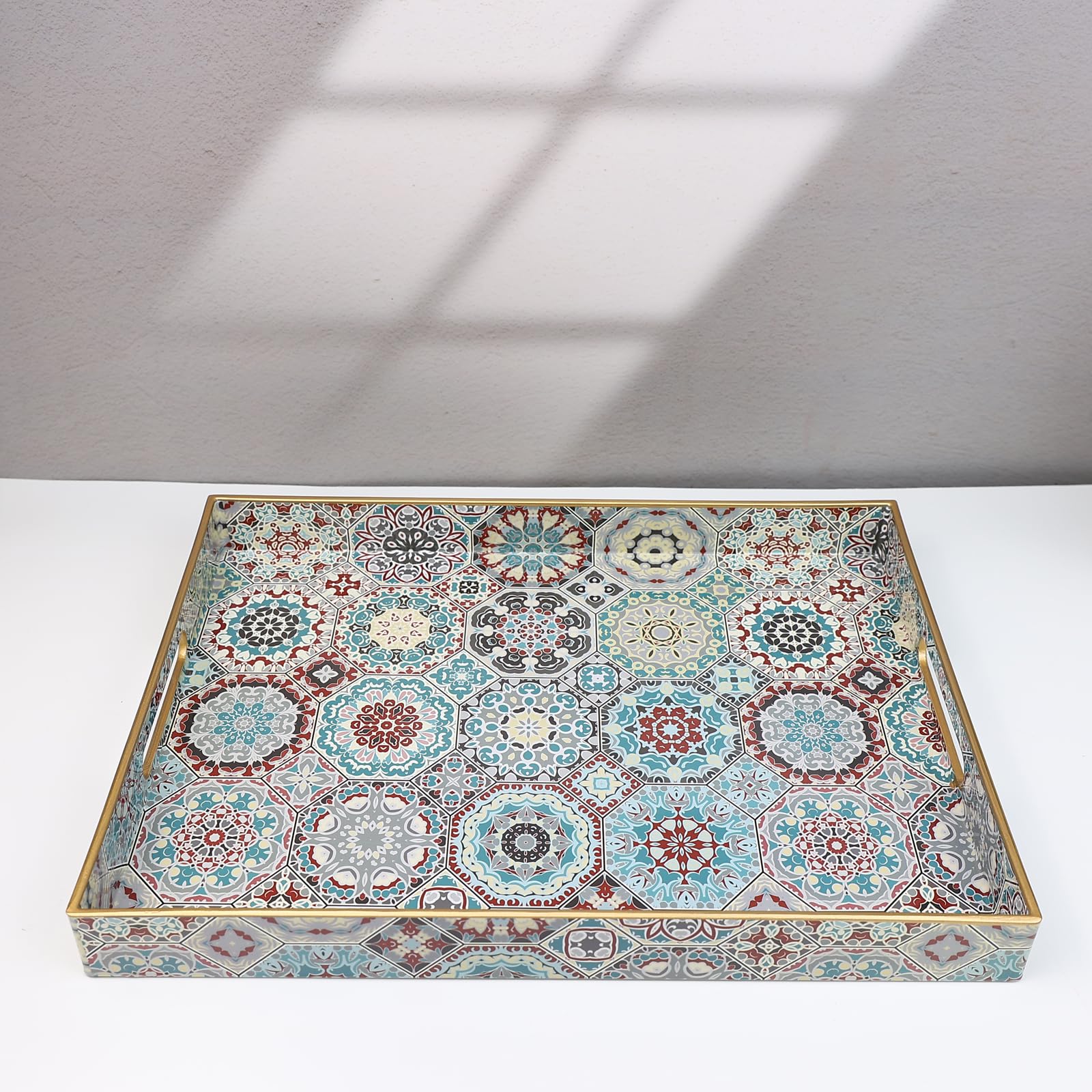 Spsyrine Decorative Serving Tray with Handles, Lacquered Coffee Table Tray for Ottoman, Rectangular Waterproof Platters for Centerpieces, Parties, Living Room, Kitchen Counter Organization SP3040RE2