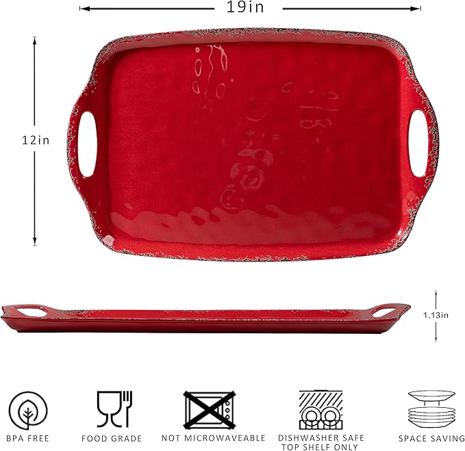 ZAROCRUS Christmas Large Melamine Serving Tray with Handle, Crackled Rustic Rectangle Melamine Serving Platter for Serving Food, Coffee Table Tray, Entertaining & Party Use, Set of 2, Christmas Red