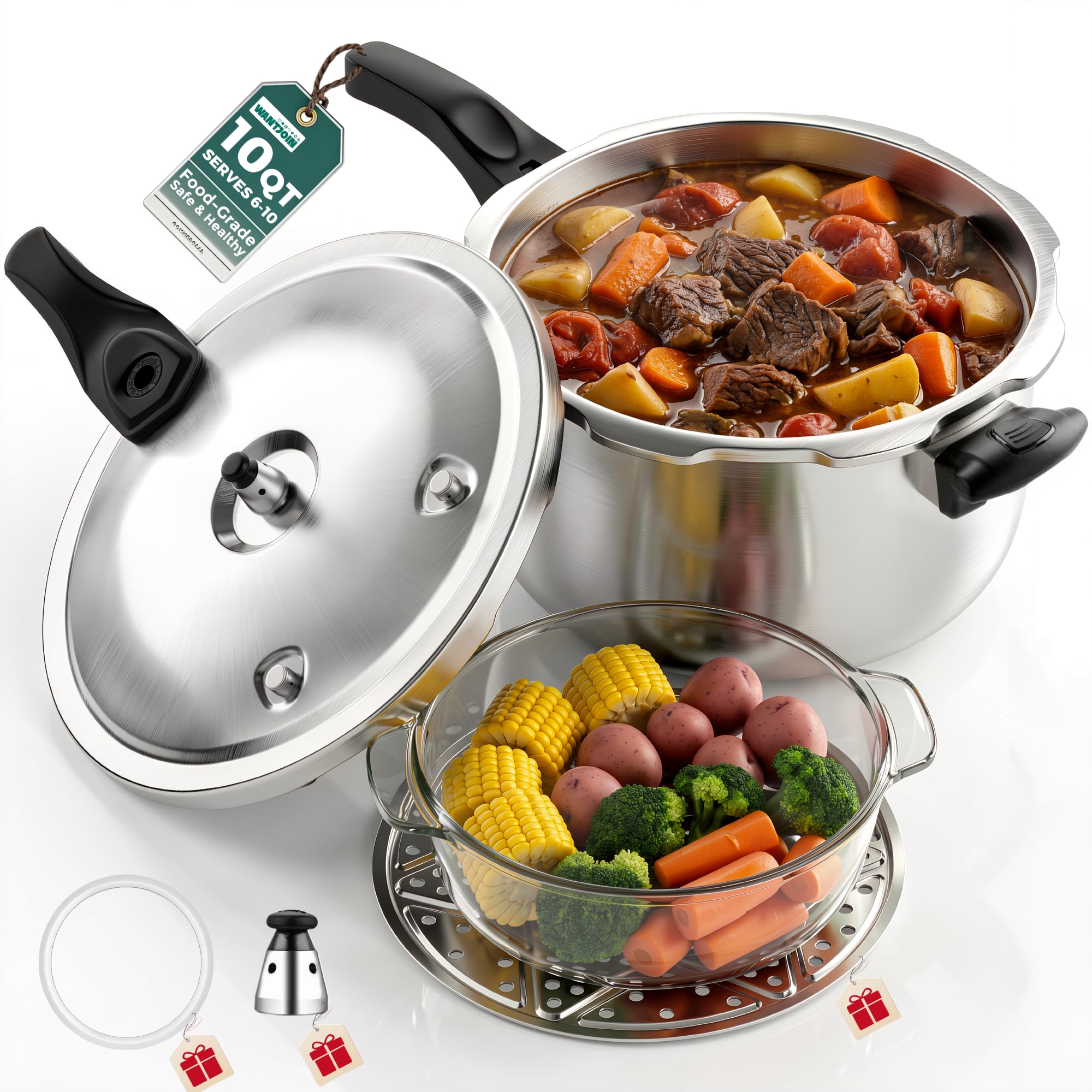 WantJoin Stainless Steel Pressure Cooker(Non-Aluminum),10 Quart Induction Compatible Pressure Cooker with Spring Valve Safeguard Devices,Compatible with Gas & Induction Cooker