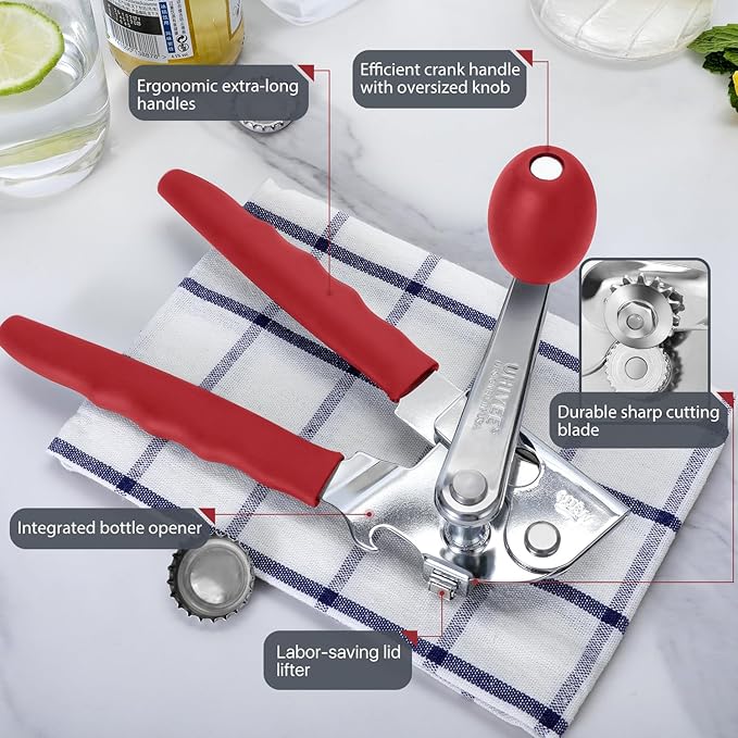 UHIYEE Commercial Can Opener Heavy Duty, Hand Crank for Large Cans, Red