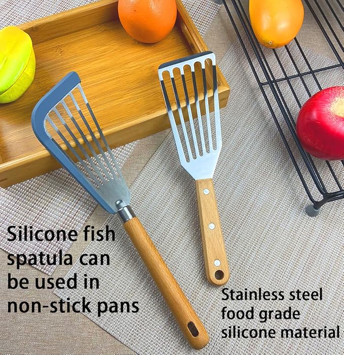KLAQQED Fish Spatula Set for Nonstick Cookware Flexible Metal Fish Spatula Stainless Steel Small Fish Slotted Spatula Turner with Wood Handle