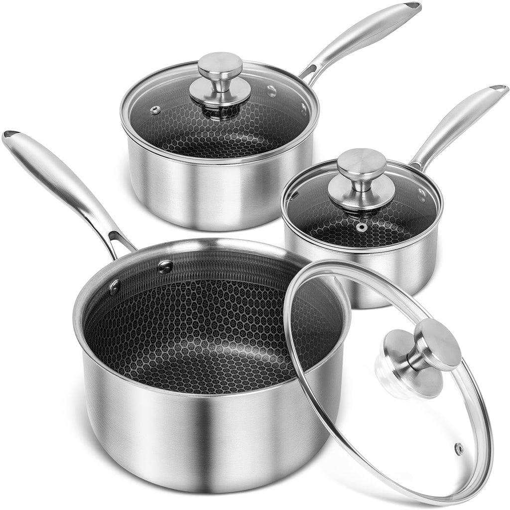 MICHELANGELO Triply Stainless Steel Pot Set, Hybrid Nonstick Saucepan Set with Lids, Induction Compatible Heavy Duty Sauce Pan 1QT & 2QT & 3QT, Honeycomb Interior, Dishwasher Safe Cookware - 6 Piece