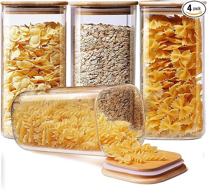 53 oz Square Glass Food Storage Containers with Airtight Bamboo Lids, 4Pack