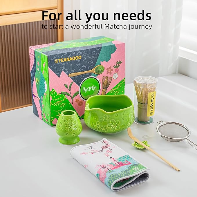 TEANAGOO 7-PCS Green Matcha Whisk Set, Complete Ceremony Start Kit, Ceramic Chawan Bowl with Spout, Whisk & Accessories, Traditional Matcha Tea Set for Lattes& Gift Giving